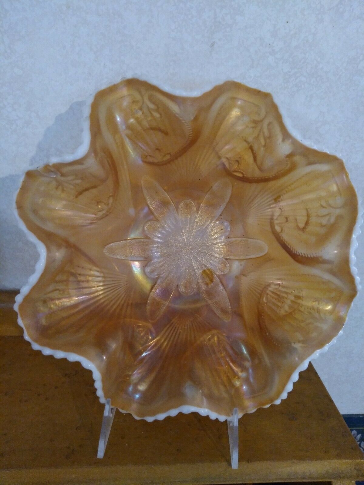 Carnival Glass Candy Dish Marigold W White Ruffled Edges