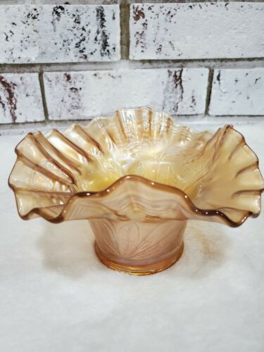 Vintage Marigold Carnival Glass Flowering Dill Ruffled Hat Vase Bowl