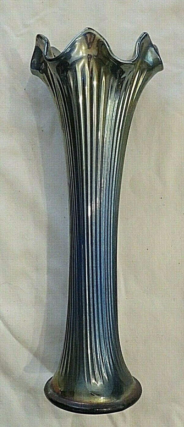 Vintage Carnival Blue Black Ribbed Vase 9 3/4" Tall