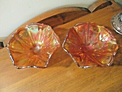 Vintage 2 Carnival Marigold Iridescent Fluted Footed Candy Dish Bowls