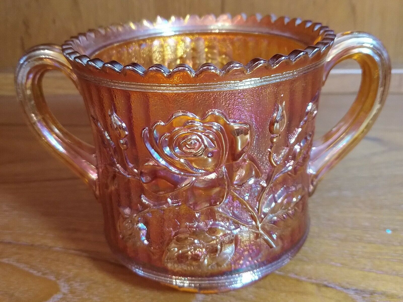 Vintage Marigold Carnival Glass Sugar Bowl Open Rose Pattern Unknown Maker