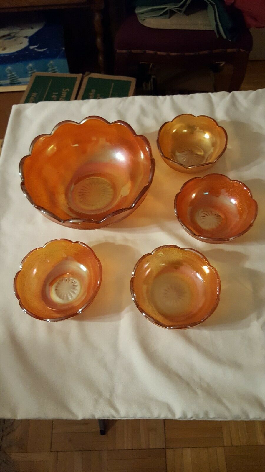 Vintage Carnival Glass Marigold Crackle Berry Bowl Set 5 Pc.